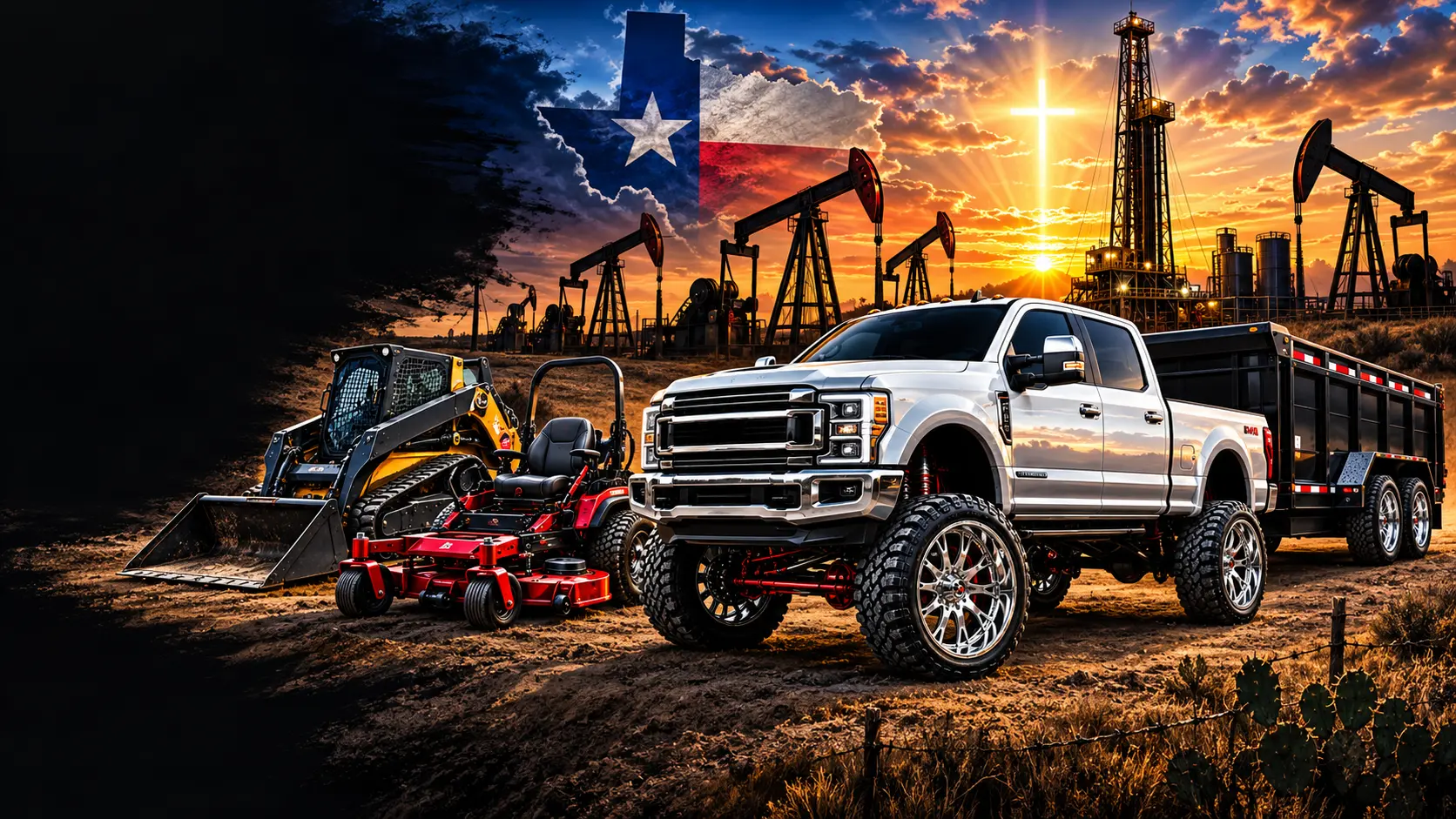 Lifted work truck, dump trailer, skid steer and mower at a West Texas oilfield sunrise